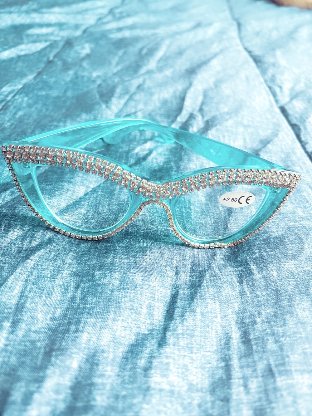 Rhinestone Cat Eye Reading Glasses +2.50 Aqua Turquoise Bling